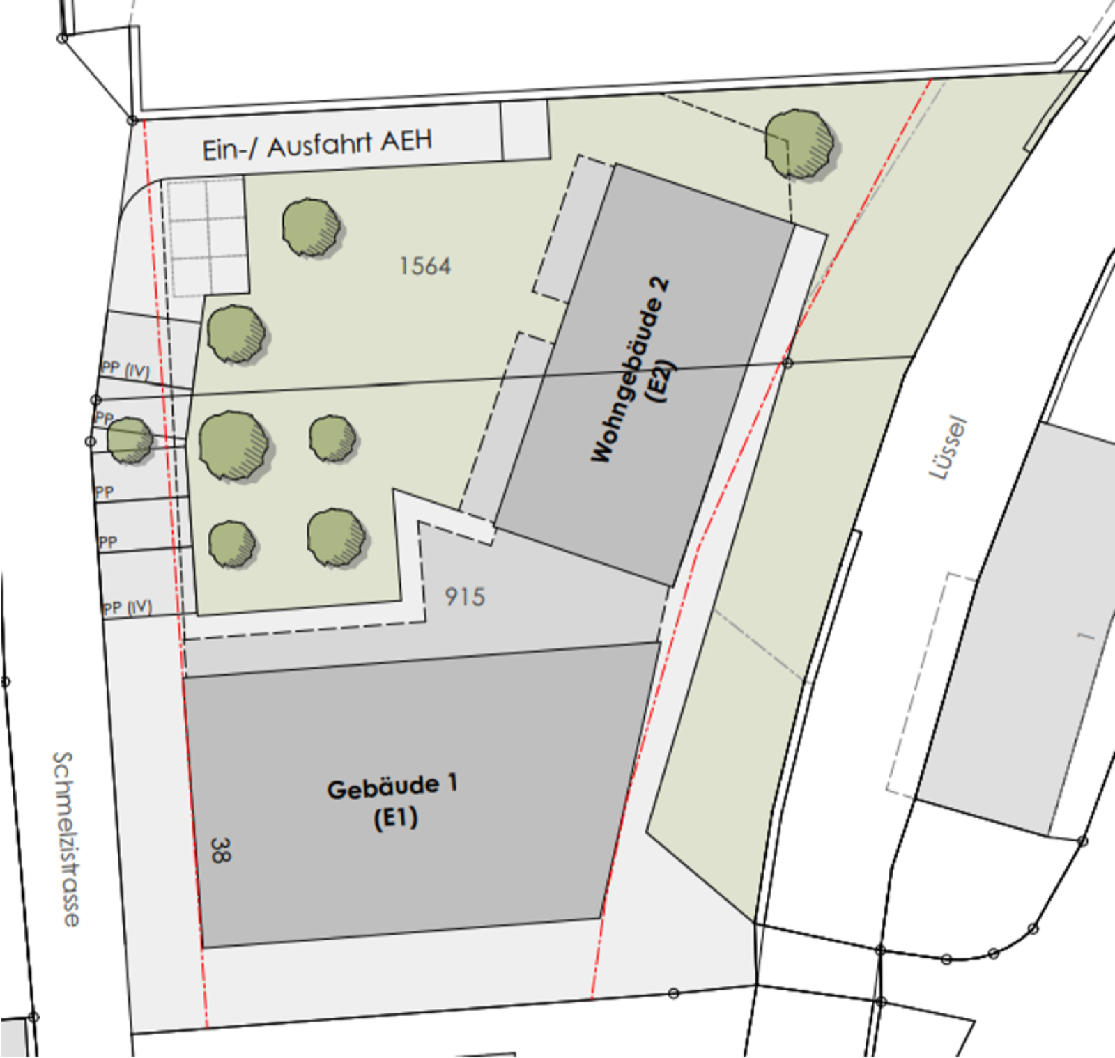 Situationsplan mit Gebäude 1 (E1) an der Schmelzistrasse und Wohngebäude 2 (E2) an der Lüssel